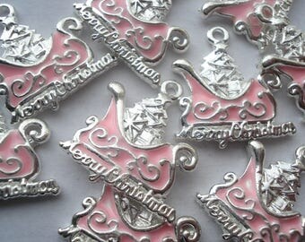 20mm Silver Plated Enamel Pendants, Christmas Tree With Pink Sled Charms Pack of 5 Christmas Charms CR12
