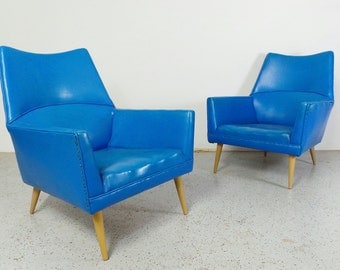 rare mid century modern Paul McCobb blue vinyl Squirm lounge chairs