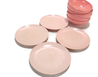 Pink Melmac Salad Plates * Set of 4 Bread and Butter * Royal Inc. Melamine Dinnerware