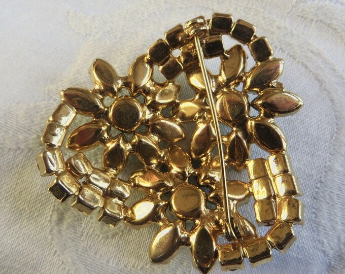 Vintage Rhinestone Flower Brooch, Green Navette and Aurora Borealis Stones, Sparkle Galore!