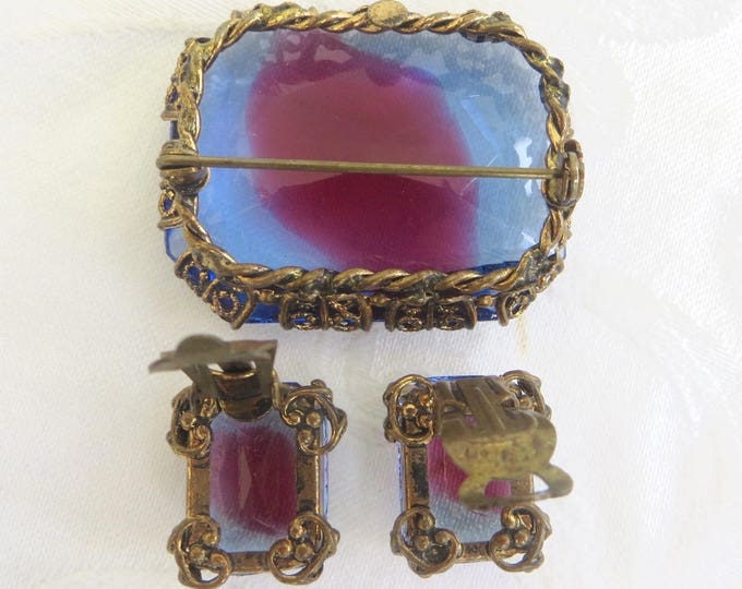 Vintage Art Glass Brooch Set, Filigree Setting, Clip Earrings, Watermelon Stones, Vintage West Germany Jewelry