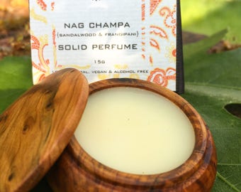 NAG CHAMPA Sandalwood & Frangipani Solid Perfume by Natural Wisdom. 100% natural. Vegan. Alcohol and Gluten free.