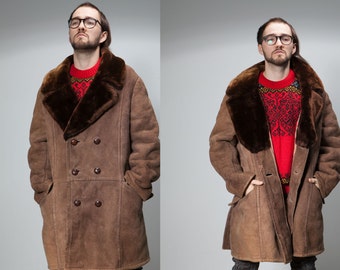 Men 70/80sVtg caramel brown dark brown collar Shearling Sheepskin Coat/ boho double breast winter suede leather coat/L