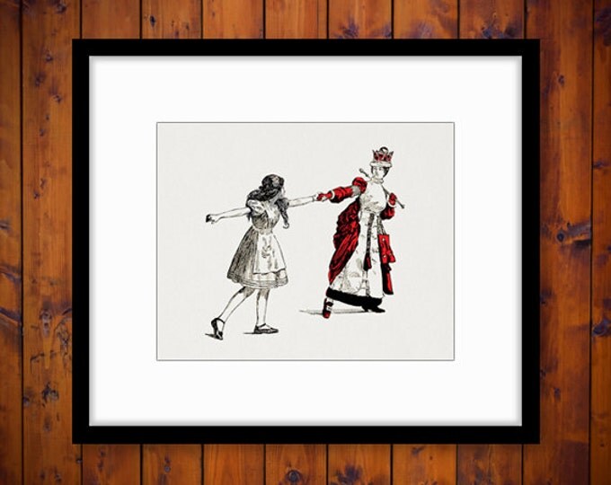 The Red Queen Pulling Alice Image Graphic Digital Alice in Wonderland Printable Download Antique Clip Art HQ 300dpi No.2497