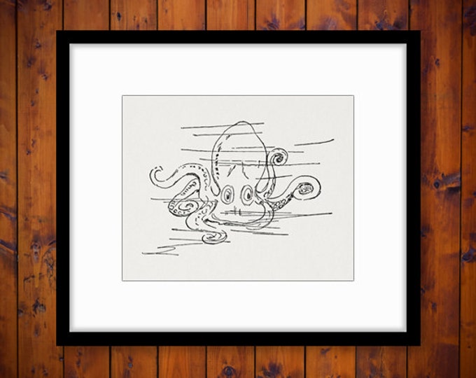 Cute Octopus Graphic Digital Image Download Cartoon Illustration Printable Vintage Clip Art for Transfers Printing etc HQ 300dpi No.1970