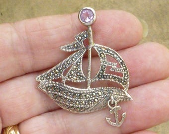 Vintage Sterling Silver Marcasite & Amethyst Sail Boat Brooch W/ Dangling Anchor