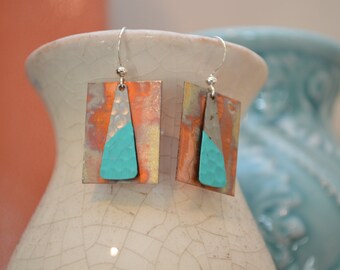 Fire Patina Copper Metal Rectangle Patina Silver Drop Earrings, Mixed Metal Earrings, Rainbow Patina Copper Earrings, Fire Copper Earrings