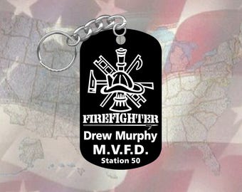 Firefighter Fire Dept - GI Dog Tag Keychain - Super Hard Black Anodized - Personalized