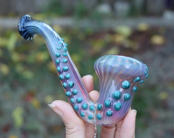 Mermaid Series Sherlock glass pipe- Black and purple with turquoise beads