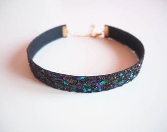 Black Rainbow Glitter Choker, Sparkly Black Choker, Glittery Choker Necklace, Black Glitter Choker, Rainbow Glitter Necklace,