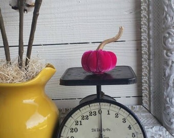 Handmade, Beautiful Tiny Mini Hot Pink Silk Velvet Pumpkins with Real Dried Pumpkin Stems, velvet pumpkin, burlap pumpkin