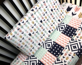 Baby Toddler Girl Crib Quilt, Modern Patchwork Quilt, Crib Bedding, Mint Navy Pink Crib Bedding, Baby Girl Crib Bedding, Aztec Nursery Theme