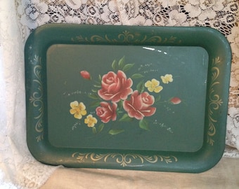 Beautiful Hand Painted Teal Rose and Yellow Serving Tray or Hang with a grouping of Trays