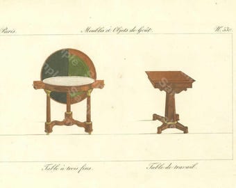 Original Antique Hand Colored Engraving,Furniture from Collection de Meubles et Objets de Goût by Pierre de La Mésangère (1761-1831)