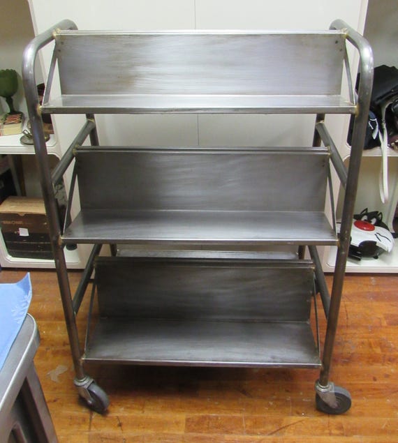 Industrial steel book cart with wheels mid century modern