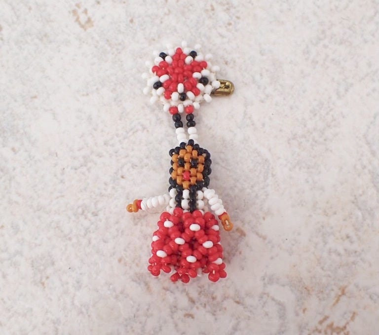 Vintage Beaded Pin Brooch Native American Indian Girl Red