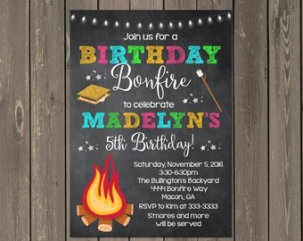 Bonfire Birthday Invitation, Girls Backyard Bonfire Invitation, Camping Invitation, Smores Party Invite, Printable or Printed