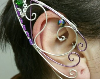 Silver Lavender Emerald Elf Ear Cuff, Cosplay, Ear Cuff, Clip On Earring, Wood Elf, Fairies, Fantasy Wedding,