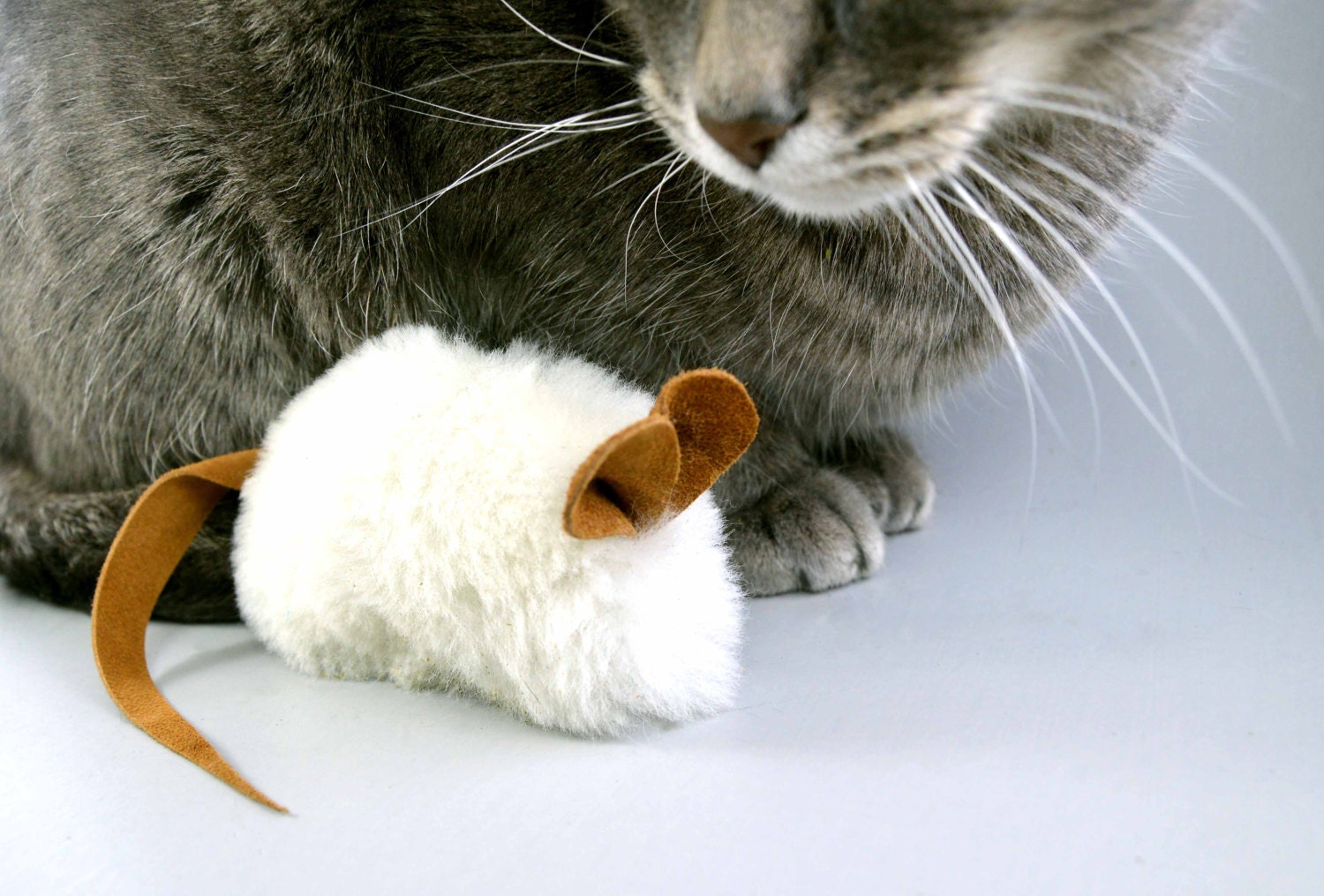 Cute Cat Toy Mouse with Tan Ears and Tail Real Sheepskin Fur