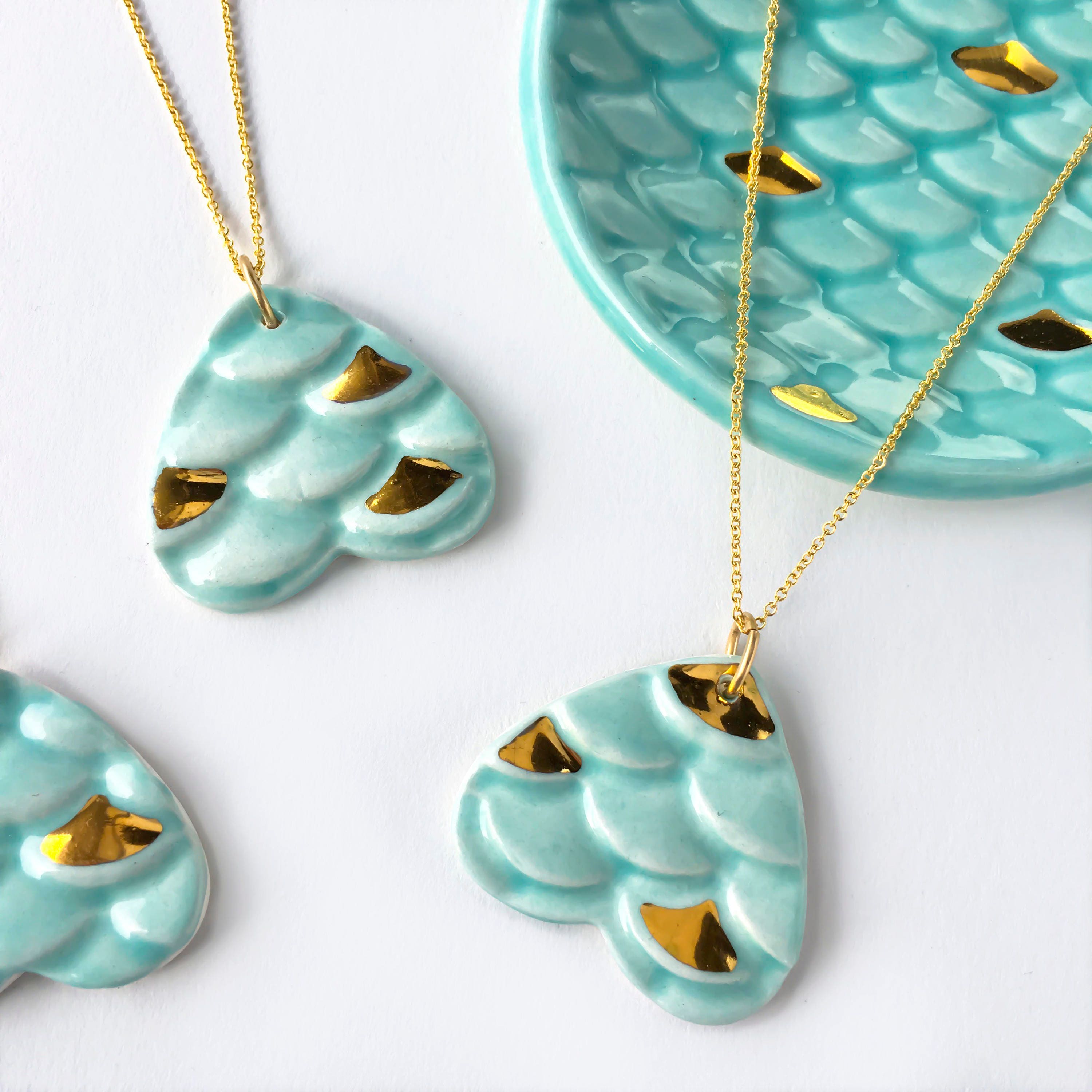 Mermaid Necklace Ceramic and Gold Modern Mud Ceramic