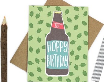 Beer Card, Hoppy Birthday, Funny Card For Him, Boyfriend Card, IPA, Craft Brew, Hops, Green, Dad Birthday Card, 21st Birthday, Beer Gift