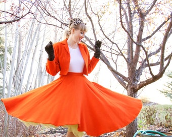 Vintage 1950s Designer Wool Suit / Circle Skirt / Jacket / 50s Dress / Orange / Size S