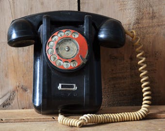 Vintage phone, Wall phone, Rotary phone, Dial rotary phone, Retro phone, Dial wall phone, Black phone, Black rotary phone, Industrial office