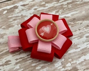 Red Heart Hair Bow - Heart Pink Hair Clip - Small Red Heart Hair Bow - Heart Wooden Button Bow- Valentines -Valentine's Day Hair Accessory