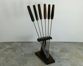 Vintage 1960s Mid-Century Wood Fondue Fork Set with Stainless Steel Prongs and Wood Stand