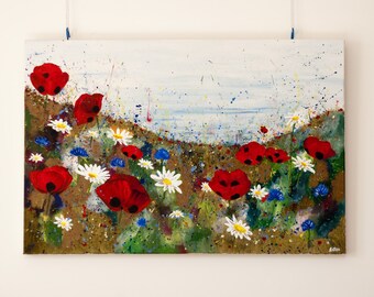 Poppy Meadow, original Large painting on canvas 90x60x4cm