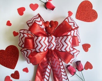 Chevron Valentines Day Decorations Bow-Valentines Day Decoration-Valentine Wreath Bow-Valentines Day-Heart Bow-Red White Valentines