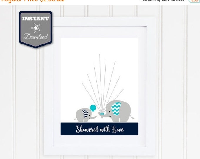 SALE INSTANT DOWNLOAD Printable 8x10 or 11x14 Navy, Aqua & Grey Elephant Baby Shower Balloon Thumbprint Wall Art / Item #2602