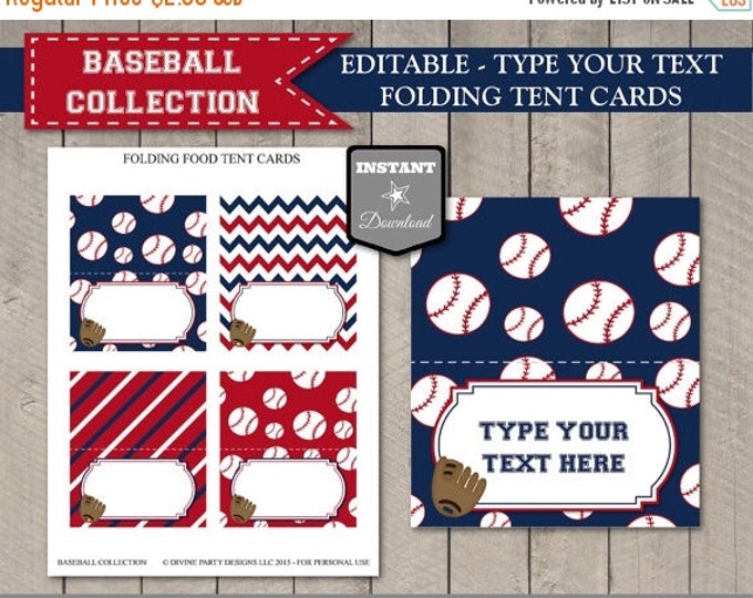SALE INSTANT DOWNLOAD Baseball Folding Food Tent / Place Cards / Editable Type your text / Printable Diy / Baseball Collection / Item #903