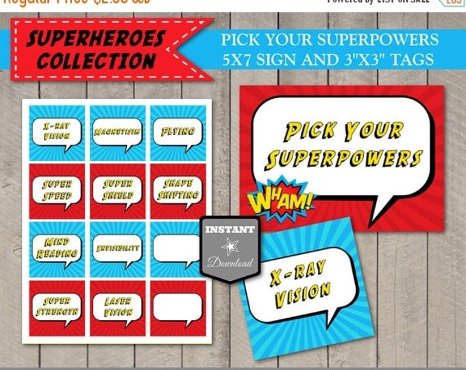 SALE INSTANT DOWNLOAD Superhero Pick Your Superpowers Sign and Tags / 5x7 Sign / 3 Inch Tags with Superpowers / Superheroes Collection