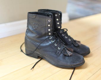 vintage black leather fringe roper ankle boots lace up womens 9