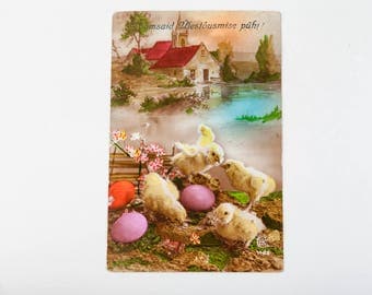 Antique photo postcard from 30s - Vintage Postcard - 1930's Postcard - Easter postcard -egg and chicks
