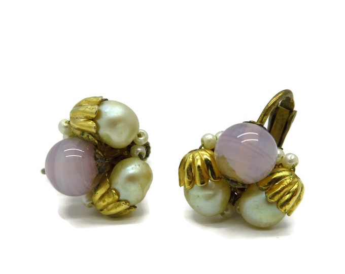 Vintage MIRIAM HASKELL Faux Pearl and Purple Bead Earrings, Clip-on Screwback Cluster Earrings