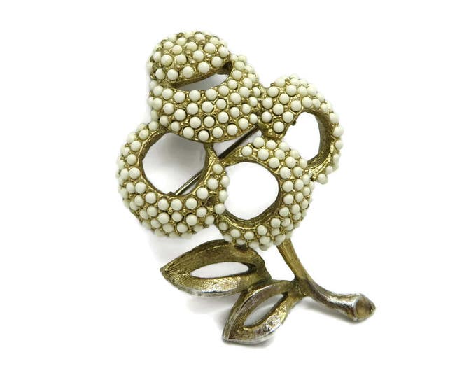 Vintage White Beaded Flower Brooch, Signed Kramer Gold Tone Floral Pin, Missing Beads