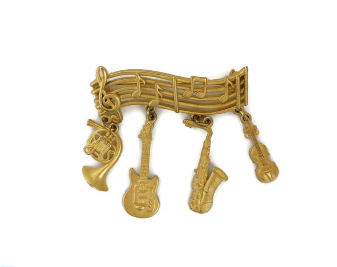 JJ Musical Bar Brooch, Vintage Gold Tone Musical Bar Dangling Charms Pin, Gift for Her