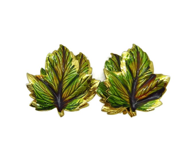 Weiss Leaf Earrings, Vintage Green Leaf, Signed Weiss Jewelry Gold Tone Clip-on Earrings