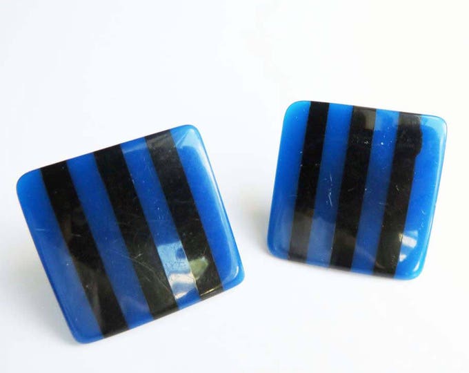 Lucite Striped Pierced Earrings Vintage Square MOD Black & Blue Studs, Retro Jewelry Gift Idea