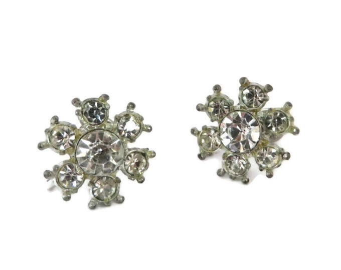 Rhinestone Snowflake Earrings - Vintage Signed Nemo Silver Tone Screw Back Earrings