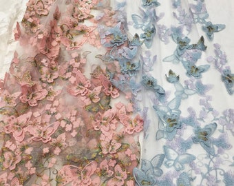 Pink 3D Lace Fabric, Vivid Lace Fabric with Blossom Butterfly Applique, Floral Embroidery Fabric Fabric by Yard