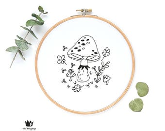 Woodland forest mushroom, toadstool, sampler Digital hand embroidery pattern , PDF instant Download