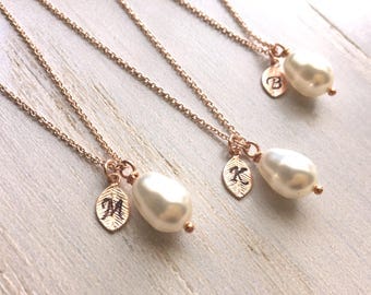 Rose Gold Pearl Necklace, Teardrop Pearl Necklace, Bridesmaid's Necklace, Personalized Pearl Necklace, Bridesmaids gifts, Rose Gold Plated