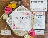 Peony Rustic Floral Design Laser Cut Wedding Invitation Sample