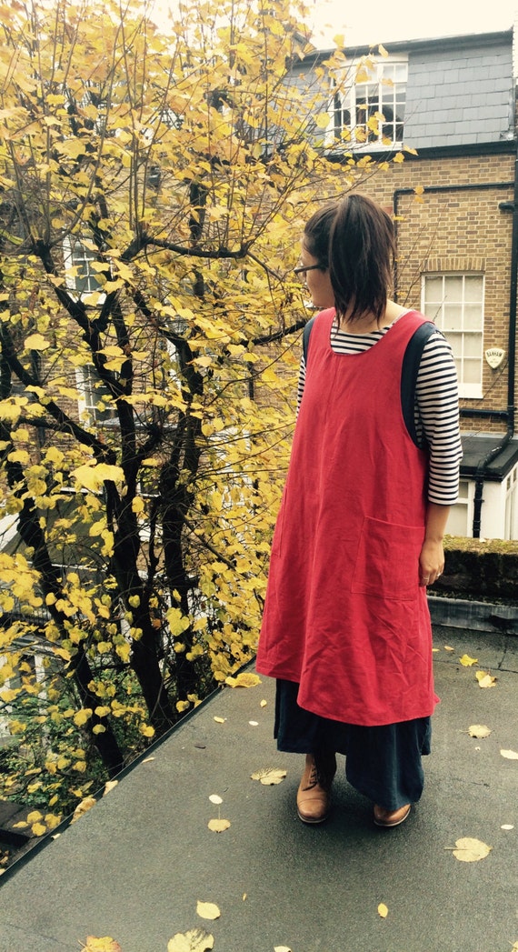 Japanese crossover apron dress smock pinafore in red