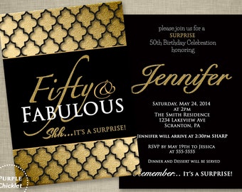 Fifty and Fabulous Surprise 50th Birthday Party Invitation Gold Black Quatrefoil Formal Double Sided 5x7 Printable Party Invite JPEG file