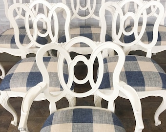 AVAILABLE: Set of Six - White Painted Dining Chairs w/ Buffalo Check Cushions