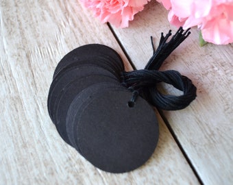 black circle tags with string, black circle price tags, circle hang tags, black circle favor tags, black circle gift tags- 15 tags